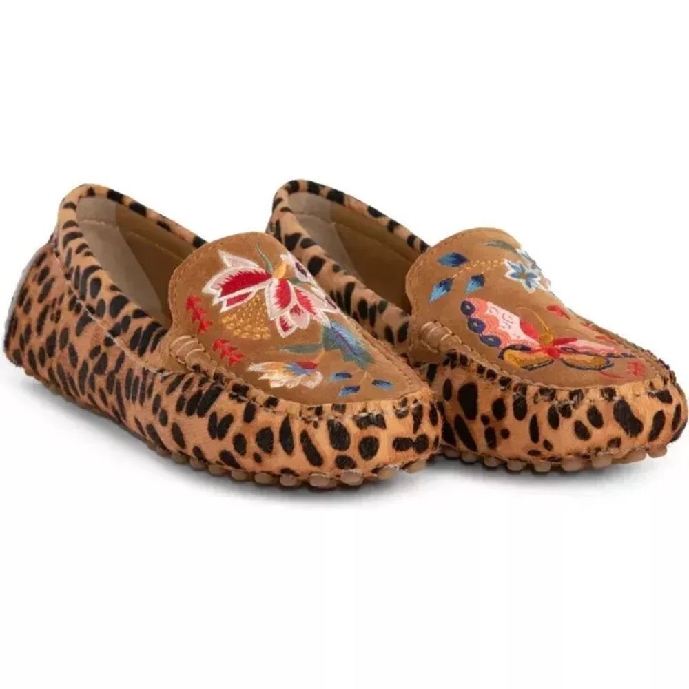 JOHNNY WAS Sz 7 Taline Leopard Embroidery Calf Hair Moccasins Slip On NIB $240